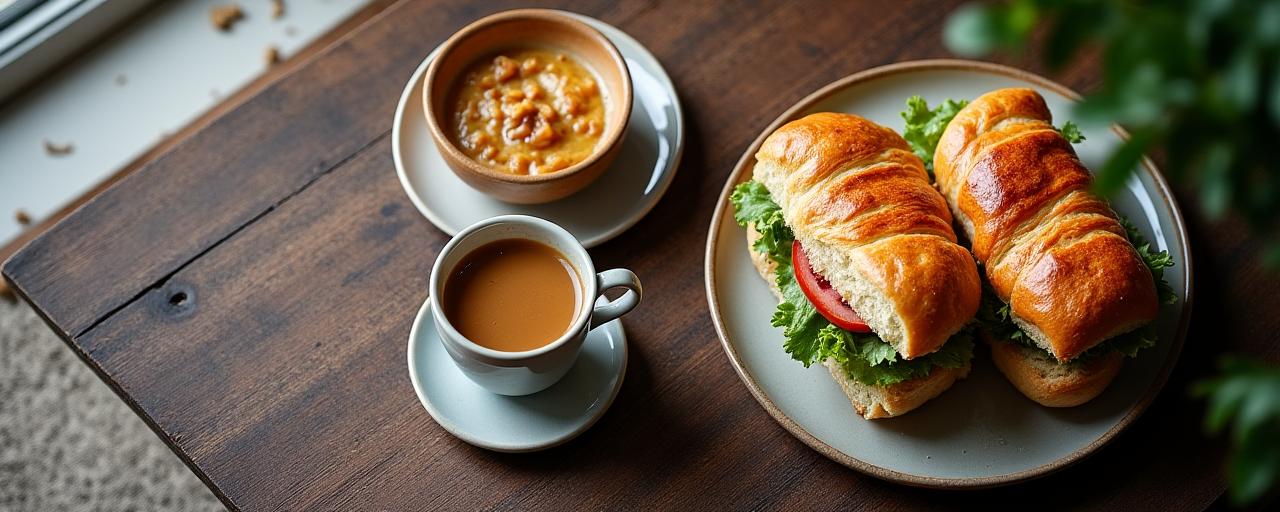 An overhead shot of a steaming coffee, a flaky pastry, and a gourmet sandwich beautifully arranged on a rustic wooden table.
